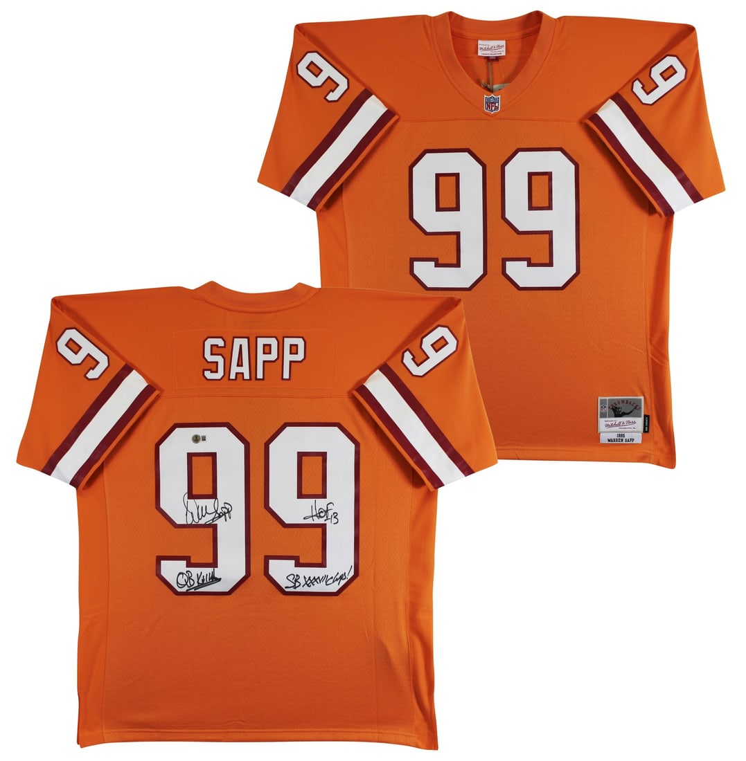 Warren Sapp Autographed Orange Throwback Jersey With Three Inscriptions BAS Witnessed: Warren Sapp Autographed Orange Throwback Jersey With Three Inscriptions BAS Witnessed This pre-owned orange Mitchell & Ness throwback jersey features the Tampa Bay Buccaneers and has been personally s