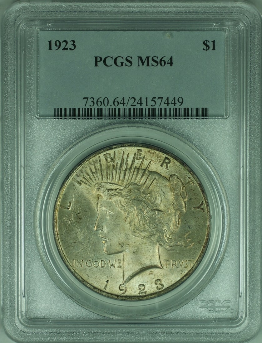 PCGS MS64 1923 Peace Dollar Silver Coin with Attractive Toning: PCGS MS64 1923 Peace Dollar Silver Coin with Attractive Toning This 1923 Peace Silver Dollar features the iconic design and is certified by PCGS with a grade of MS-64. Struck at the Philadelphia Mint,