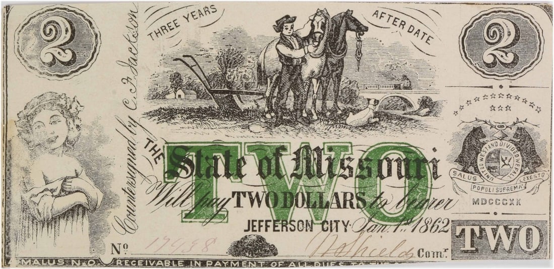 1862 Missouri State $2 Note CR-10 VF Uncertified (1 of 2)