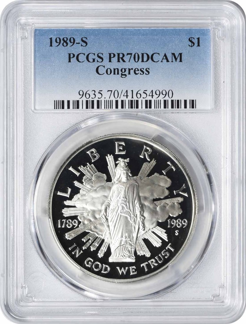 PCGS PR70DCAM 1989-S Silver Congress Dollar Proof Commemorative Coin: PCGS PR70DCAM 1989-S Silver Congress Dollar Proof Commemorative Coin This 1989-S Congress Silver Commemorative Dollar is a proof coin graded PR70 Deep Cameo by PCGS. Struck at the San Francisco Mint, 