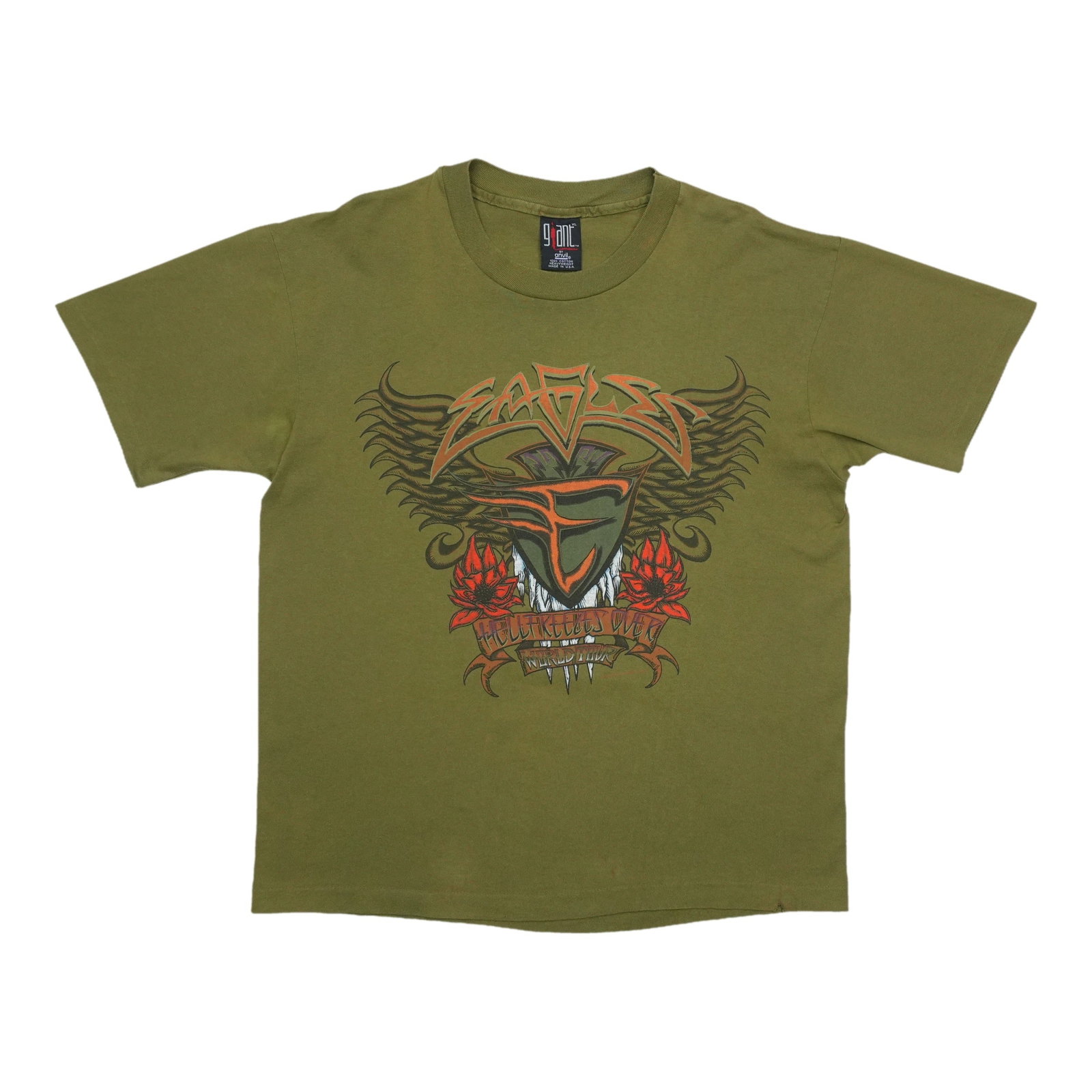 Vintage 1994 Eagles Tour Green T-Shirt with Front and Back Graphics: Vintage 1994 Eagles Tour Green T-Shirt with Front and Back Graphics This is an original vintage 1994 Eagles World Tour shirt featuring front and back graphics. The shirt is made of 100% cotton and com