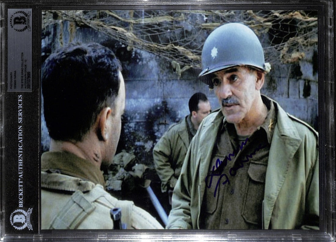Beckett Authenticated Dennis Farina 8x10 Saving Private Ryan Photo: Beckett Authenticated Dennis Farina 8x10 Saving Private Ryan Photo This is a hand-signed 8x10 photograph of Dennis Farina from a scene in the film "Saving Private Ryan." The autograph has been profess