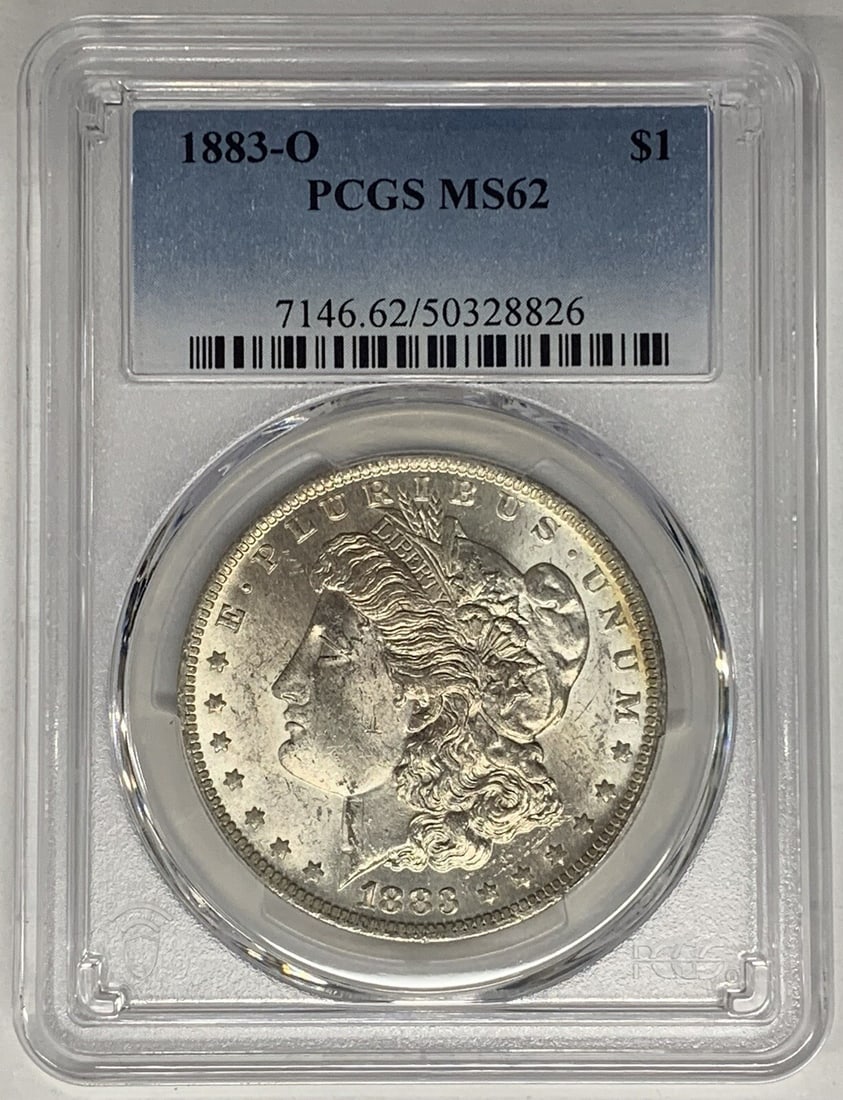 PCGS MS 62 1883-O Morgan Silver Dollar Uncirculated $1 Coin: PCGS MS 62 1883-O Morgan Silver Dollar Uncirculated $1 Coin This is an 1883-O Morgan Silver Dollar coin, certified by PCGS with a grade of MS 62. The coin is uncirculated and composed of silver, origi