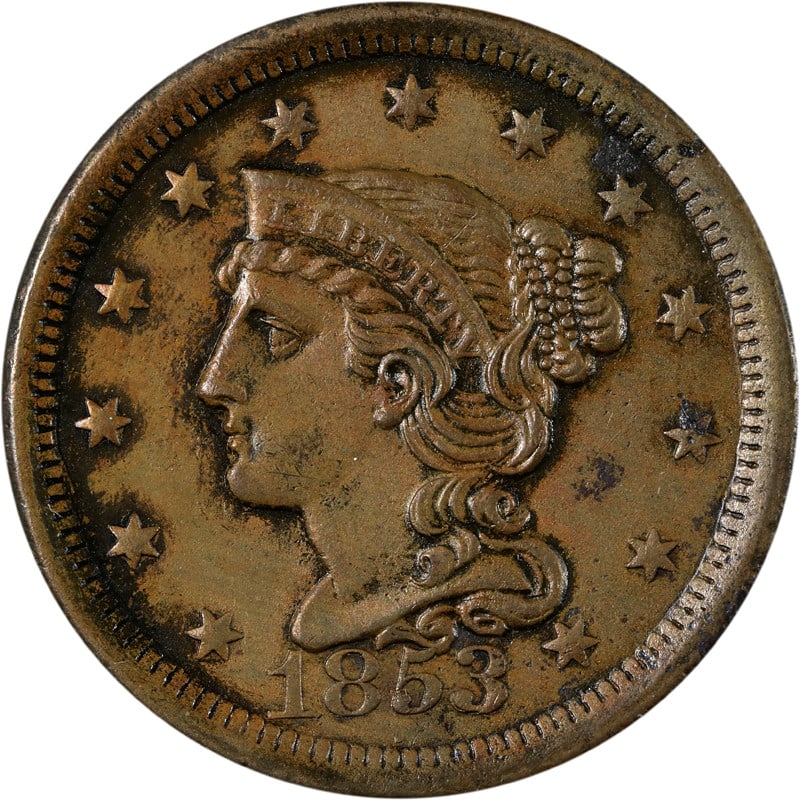 1853 United States Copper Large Cent Circulated Coin: 1853 United States Copper Large Cent Circulated Coin This 1853 Large Cent is a circulated coin composed of copper and originates from the United States. It is uncertified and in pre-owned condition, m