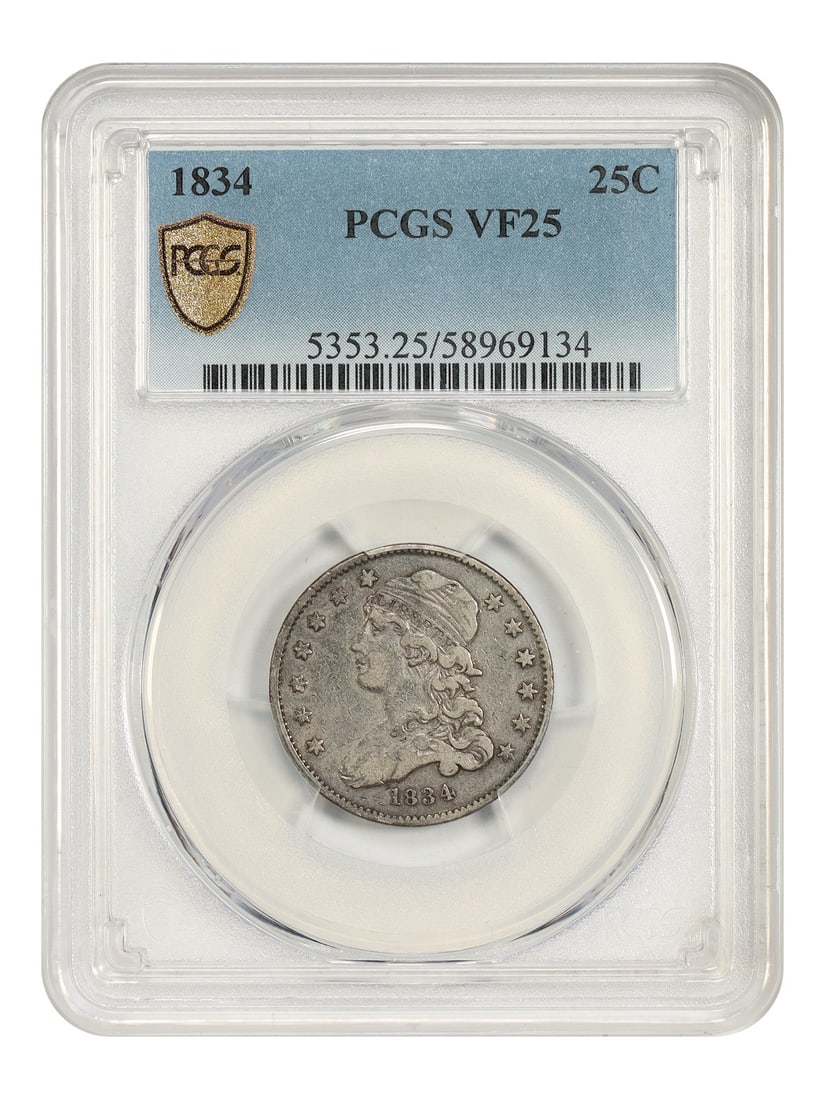 1834 Capped Bust Quarter 25C PCGS VF25 Certified Coin: 1834 Capped Bust Quarter 25C PCGS VF25 Certified Coin 1834 Capped Bust Quarter certified by PCGS in VF25. This circulated, pre-owned 25C coin is a classic type coin from the Philadelphia Mint. Specifi