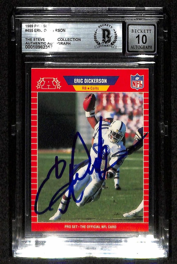 Beckett 10 Eric Dickerson autographed 1989 Pro Set Colts card: Beckett 10 Eric Dickerson autographed 1989 Pro Set Colts card This 1989 Pro Set Update Indianapolis Colts football card features a hand-signed autograph from Hall of Fame running back Eric Dickerson. 