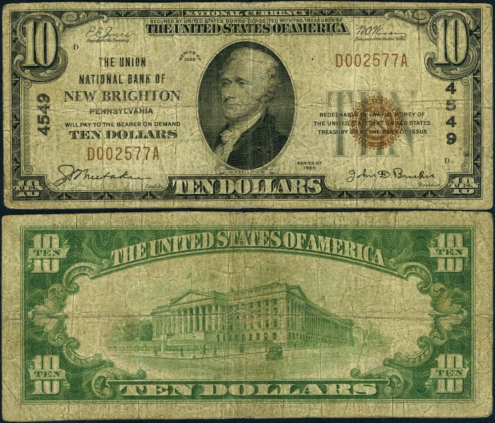1929 Type 1 $10 National Bank Note Union NB New Brighton PA CH 4549: 1929 Type 1 $10 National Bank Note Union NB New Brighton PA CH 4549 1929 Type 1 $10 National Bank Note from New Brighton, Pennsylvania, issued by Union National Bank, Charter #4549. This circulated ex