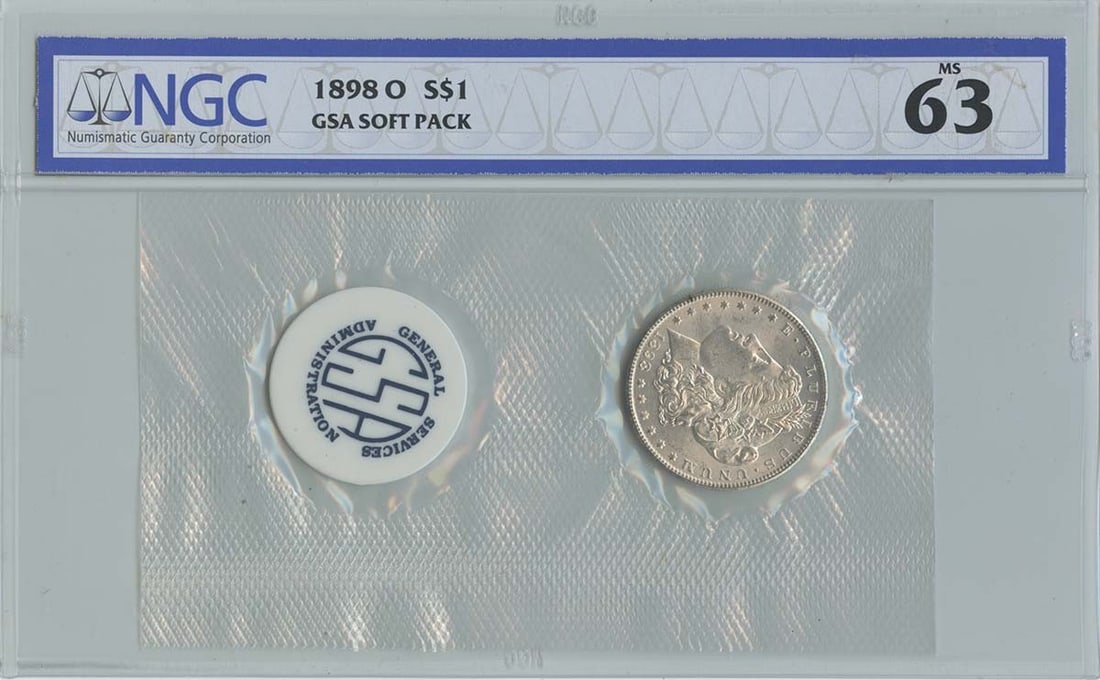 NGC MS63 1898-O Morgan Silver Dollar GSA Soft Pack Uncirculated: NGC MS63 1898-O Morgan Silver Dollar GSA Soft Pack Uncirculated This is an 1898-O Morgan Dollar presented in a GSA soft pack. Graded MS63 by NGC, this uncirculated silver dollar was minted in New Orle
