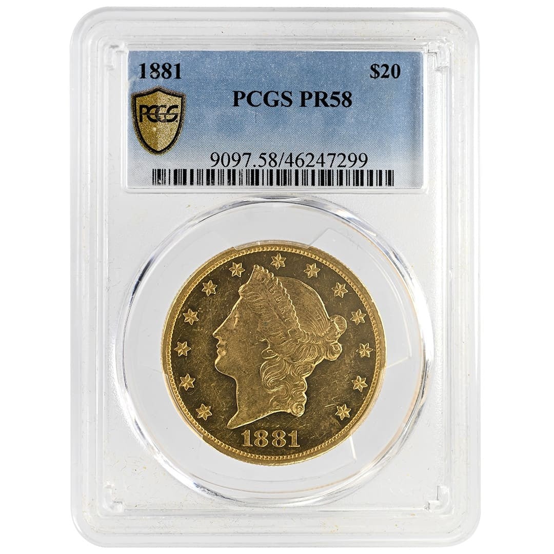 1881 Proof $20 Liberty Head Gold Coin PCGS PR58: 1881 Proof $20 Liberty Head Gold Coin PCGS PR58 1881 $20 Liberty Head gold coin with a Proof strike and PCGS PR58 grade. This pre-1933 United States issue is identified as a Type 3 With Motto example.