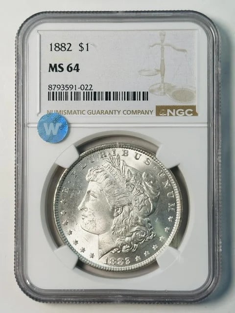 NGC MS-64 1882 Morgan Silver Dollar Sight White: NGC MS-64 1882 Morgan Silver Dollar Sight White 1882 Morgan Silver Dollar graded MS 64 by NGC. This pre-owned coin is described as Sight White and features a silver composition. Specifications Coin Ty