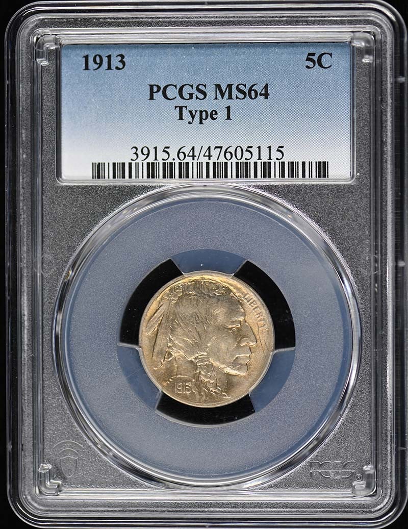 1913 Type 1 Buffalo Nickel PCGS MS64 Uncirculated Coin: 1913 Type 1 Buffalo Nickel PCGS MS64 Uncirculated Coin This 1913 5C Type 1 Buffalo Nickel is a stunning example of American coinage, graded MS64 by PCGS. It showcases the iconic buffalo design, embody
