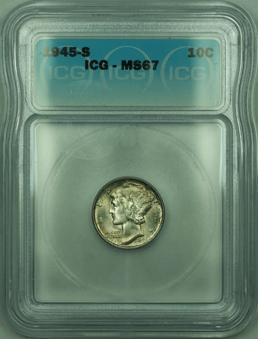 ICG MS-67 1945-S Mercury Dime Silver 10c Lightly Toned: ICG MS-67 1945-S Mercury Dime Silver 10c Lightly Toned This is a 1945-S Mercury Silver Dime featuring light toning. The coin is uncirculated and graded MS-67 by ICG. It is composed of 90% silver and w