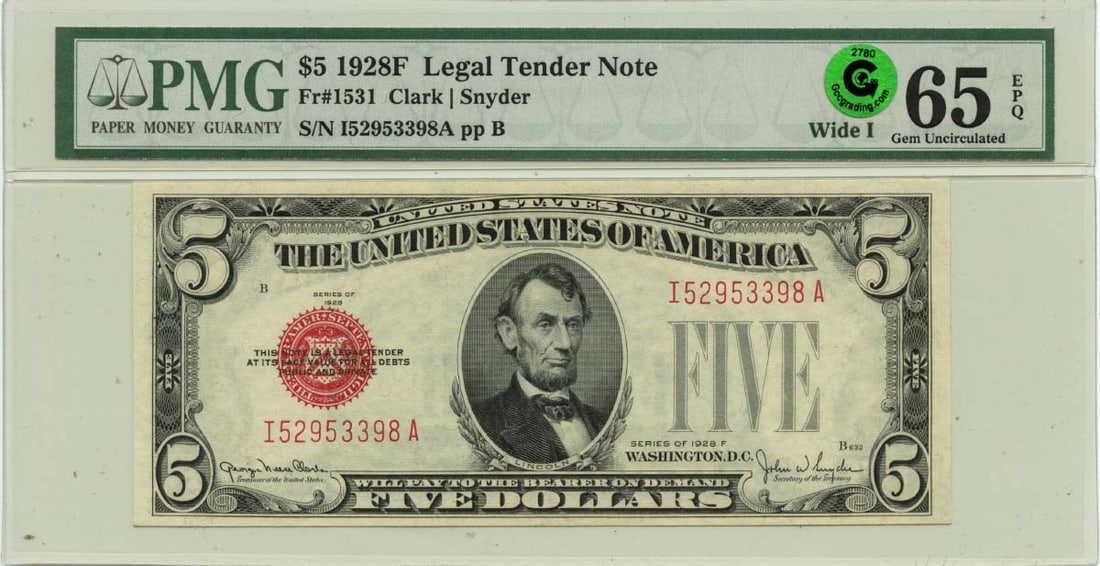 PMG 65 EPQ 1928F $5 Legal Tender United States Note FR1531: PMG 65 EPQ 1928F $5 Legal Tender United States Note FR1531 This 1928F $5 Legal Tender Note from the United States is certified by PMG with a GEM 65 EPQ grade. The note is uncirculated and features the