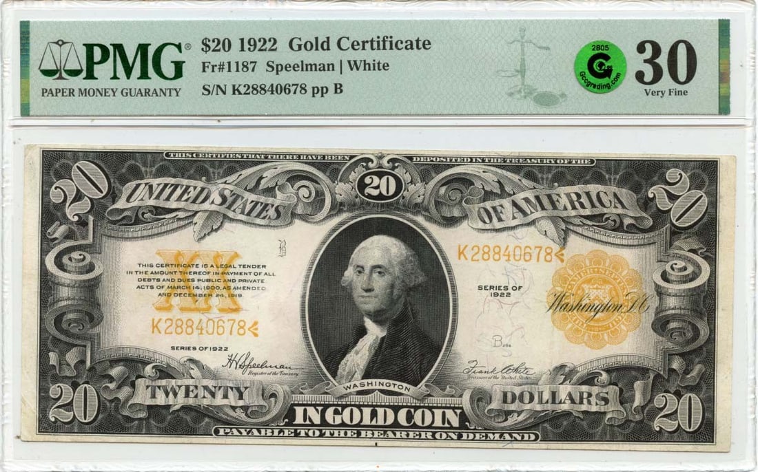 1922 $20 Gold Certificate Fr# 1187 PMG VF30 Circulated: 1922 $20 Gold Certificate Fr# 1187 PMG VF30 Circulated This 1922 $20 Gold Certificate, designated as Fr# 1187, is a historical currency note certified by PMG with a grade of VF30. It is a circulated p