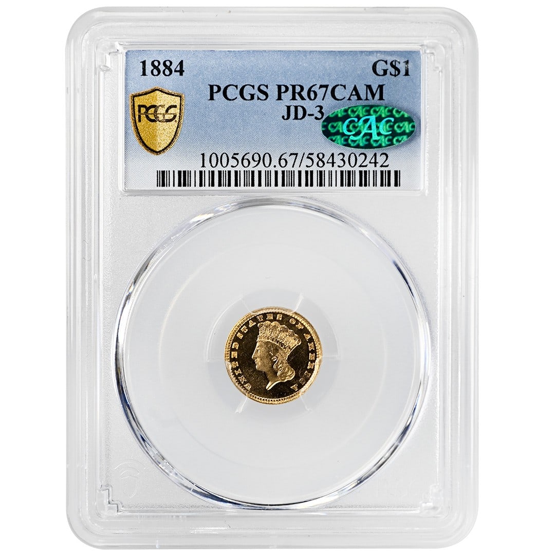 PCGS PR67CAM CAC 1884 $1 Gold Dollar Type 3 Indian Princess: PCGS PR67CAM CAC 1884 $1 Gold Dollar Type 3 Indian Princess 1884 G$1 Gold Dollar, a Type 3 Indian Princess Large Head issue, graded PR67CAM by PCGS and approved by CAC. This proof cameo coin is compos