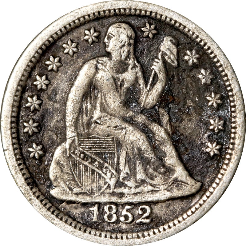 United States 1852 O Seated Liberty Silver Dime: United States 1852 O Seated Liberty Silver Dime 1852-O Seated Liberty Dime from the United States. This pre-owned coin is composed of silver and is listed as circulated and uncertified. Specifications
