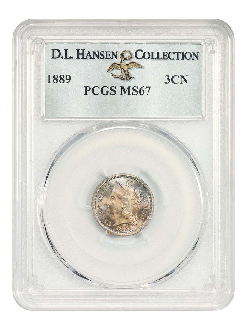 PCGS MS67 1889 Three Cent Nickel ex D.L. Hansen: PCGS MS67 1889 Three Cent Nickel ex D.L. Hansen 1889 Three Cent Nickel certified by PCGS as MS67, ex: D.L. Hansen. This uncirculated example is a low mintage issue of just 18,125 coins. Satiny luster 