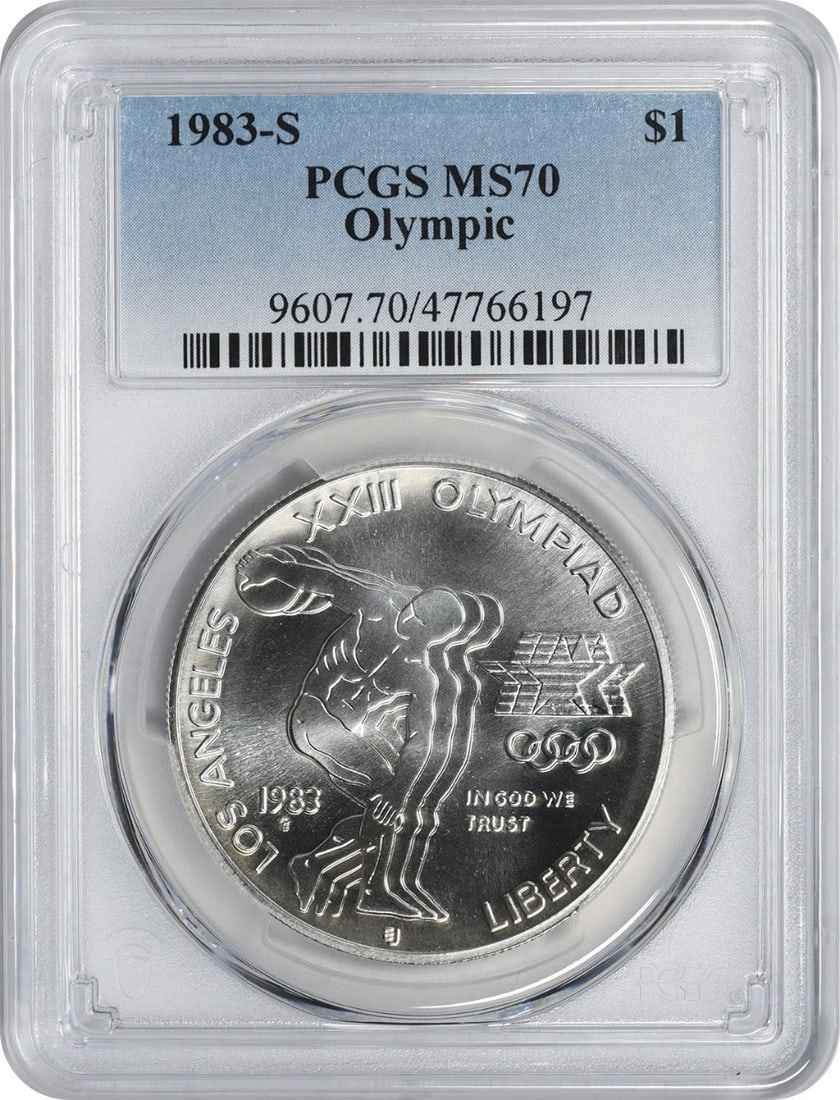 1983 San Francisco Olympic Silver Dollar PCGS MS70 Commemorative Coin: 1983 San Francisco Olympic Silver Dollar PCGS MS70 Commemorative Coin This 1983-S Olympic Silver Commemorative Dollar is an un-used coin graded MS70 by PCGS. Struck at the San Francisco Mint, it featu