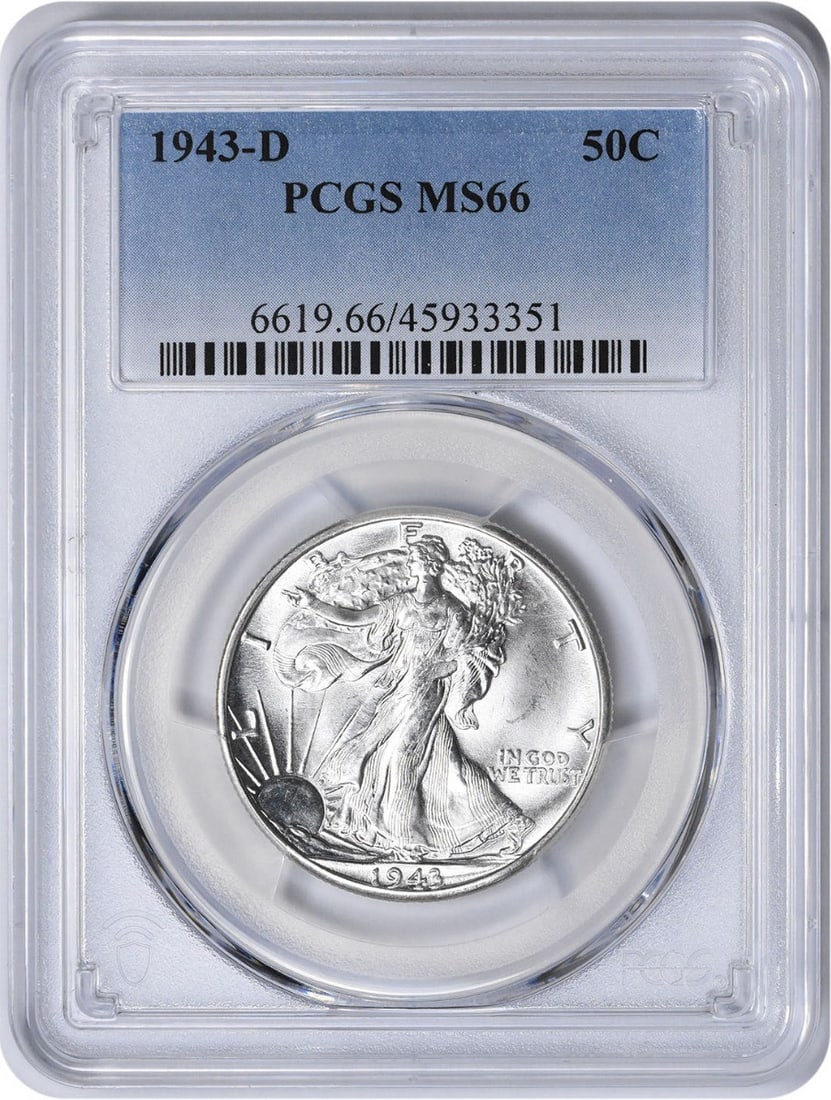1943-D Walking Liberty Half Dollar MS66 PCGS Certified Silver Coin: 1943-D Walking Liberty Half Dollar MS66 PCGS Certified Silver Coin Discover a remarkable piece of American numismatic history with this 1943-D Walking Liberty Silver Half Dollar, graded MS66 by PCGS. 