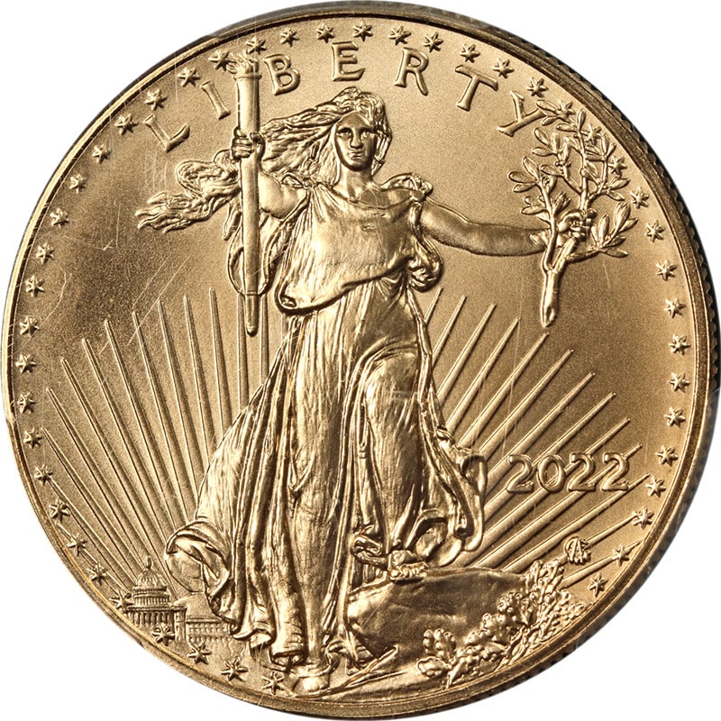 2022 $50 Gold American Eagle 1 oz PCGS MS70 First Strike Certified Coin: 2022 $50 Gold American Eagle 1 oz PCGS MS70 First Strike Certified Coin This 2022 Gold American Eagle $50 coin is certified by PCGS with a perfect MS70 grade and features the First Strike label. Struc
