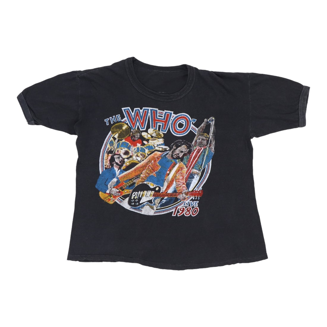 Vintage 1980 The Who Concert T Shirt Featuring Keith Moon Black Cotton: Vintage 1980 The Who Concert T Shirt Featuring Keith Moon Black Cotton This is an original vintage 1980 The Who In Concert Keith Moon shirt, featuring graphics on both the front and back. The shirt is