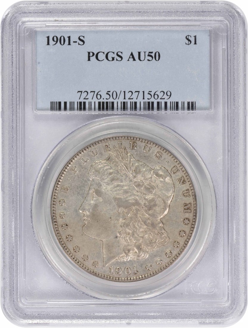 PCGS AU50 1901 San Francisco Morgan Dollar 90 Percent Silver Coin: PCGS AU50 1901 San Francisco Morgan Dollar 90 Percent Silver Coin This is a 1901-S Morgan Silver Dollar graded AU50 by PCGS. Minted in San Francisco, this circulated coin is composed of 90% silver and