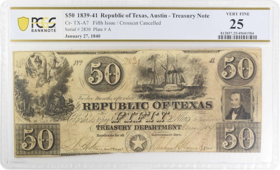 PCGS VF25 Republic of Texas Austin A7 Crosscut Cancelled $50 1839-41 (1 of 2)