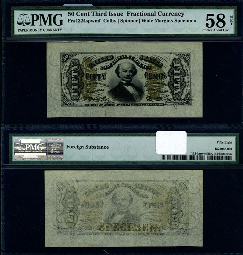 FR. 1324 50c 3rd Issue Wide Margin PMG AU58 NET Fractional Note: FR. 1324 50c 3rd Issue Wide Margin PMG AU58 NET Fractional Note This is a 3rd Issue Fractional Note, specifically the FR. 1324 sp 50 c., graded as Choice AU58 NET by PMG. The note displays excellent p