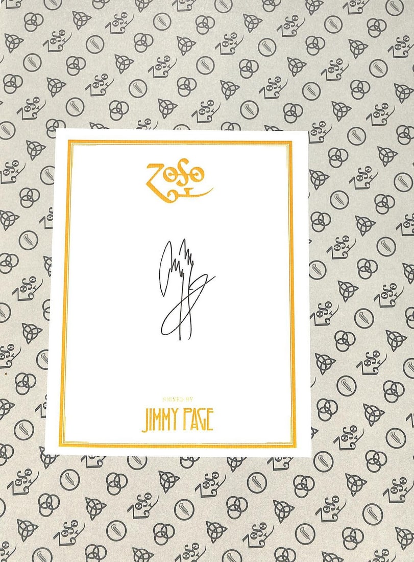 Jimmy Page signed Zoso bookplate Beckett LOA Led Zeppelin: Jimmy Page signed Zoso bookplate Beckett LOA Led Zeppelin This is a pre-owned bookplate from the deluxe Led Zeppelin book, hand-signed by renowned guitarist Jimmy Page. The bookplate features the icon