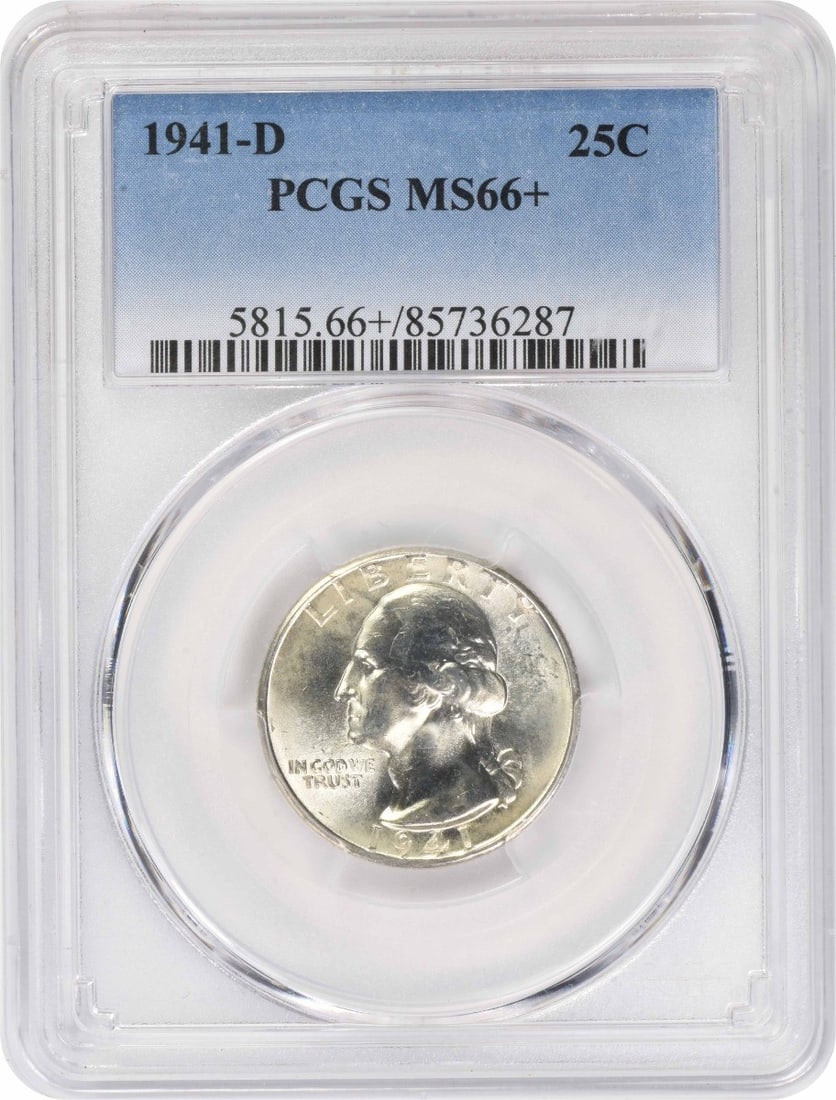 PCGS MS66+ 1941 D Washington 25C Silver Quarter: PCGS MS66+ 1941 D Washington 25C Silver Quarter 1941-D Washington Quarter graded MS66+ by PCGS. This uncirculated United States 25-cent coin features the Washington design and is struck in 90% silver 