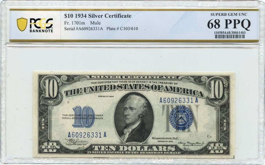 1934 $10 Blue MULE Silver Certificate PCGS MS68 Uncirculated: 1934 $10 Blue MULE Silver Certificate PCGS MS68 Uncirculated This 1934 $10 Silver Certificate, designated as Fr# 1701, is a remarkable piece graded by PCGS Banknote as SUPERB GEM 68 PPQ. This uncircul