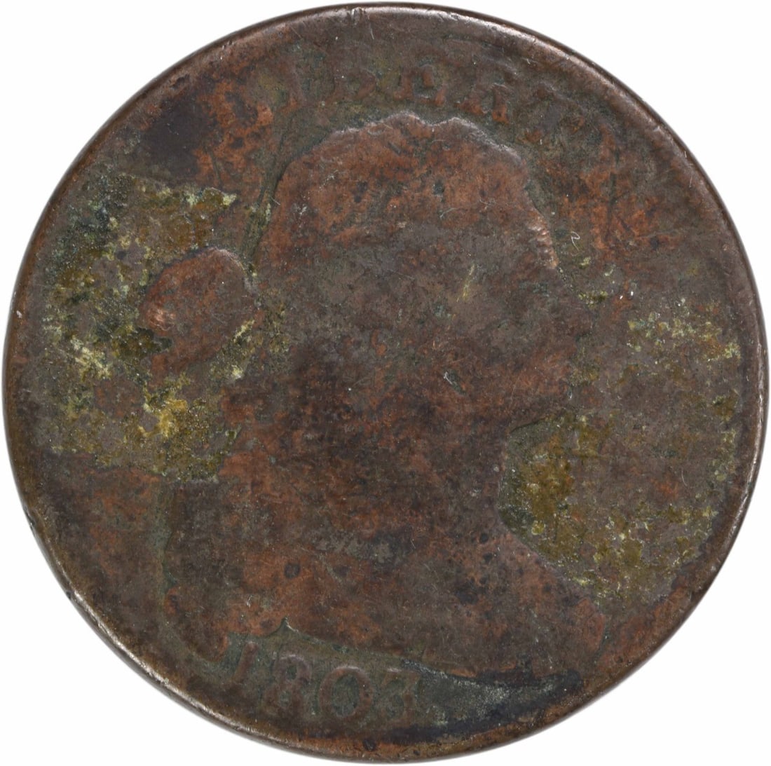 1803 Draped Bust Large Cent Copper Coin AG Uncertified: 1803 Draped Bust Large Cent Copper Coin AG Uncertified This 1803 Large Cent features the iconic Draped Bust design by Robert Scot, minted in Philadelphia. As a circulated coin graded AG (About Good), 