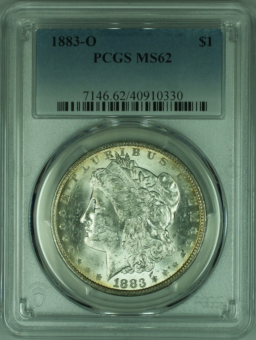 1883-O Morgan dollar PCGS MS-62 silver: 1883-O Morgan dollar PCGS MS-62 silver This is an 1883-O Morgan Silver Dollar graded MS-62 by PCGS. Minted in New Orleans, this uncirculated coin is composed of silver and has a denomination of $1. It