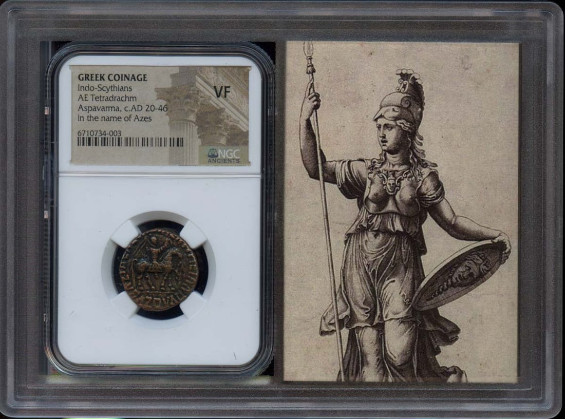 Aspavama c.AD 20-46 Indo-Scythian BI Tetradrachm NGC VF20: Aspavama c.AD 20-46 Indo-Scythian BI Tetradrachm NGC VF20 This Indo-Scythian BI Tetradrachm, dating from around 20-46 AD, showcases a detailed and historical design reflective of its era. Certified by