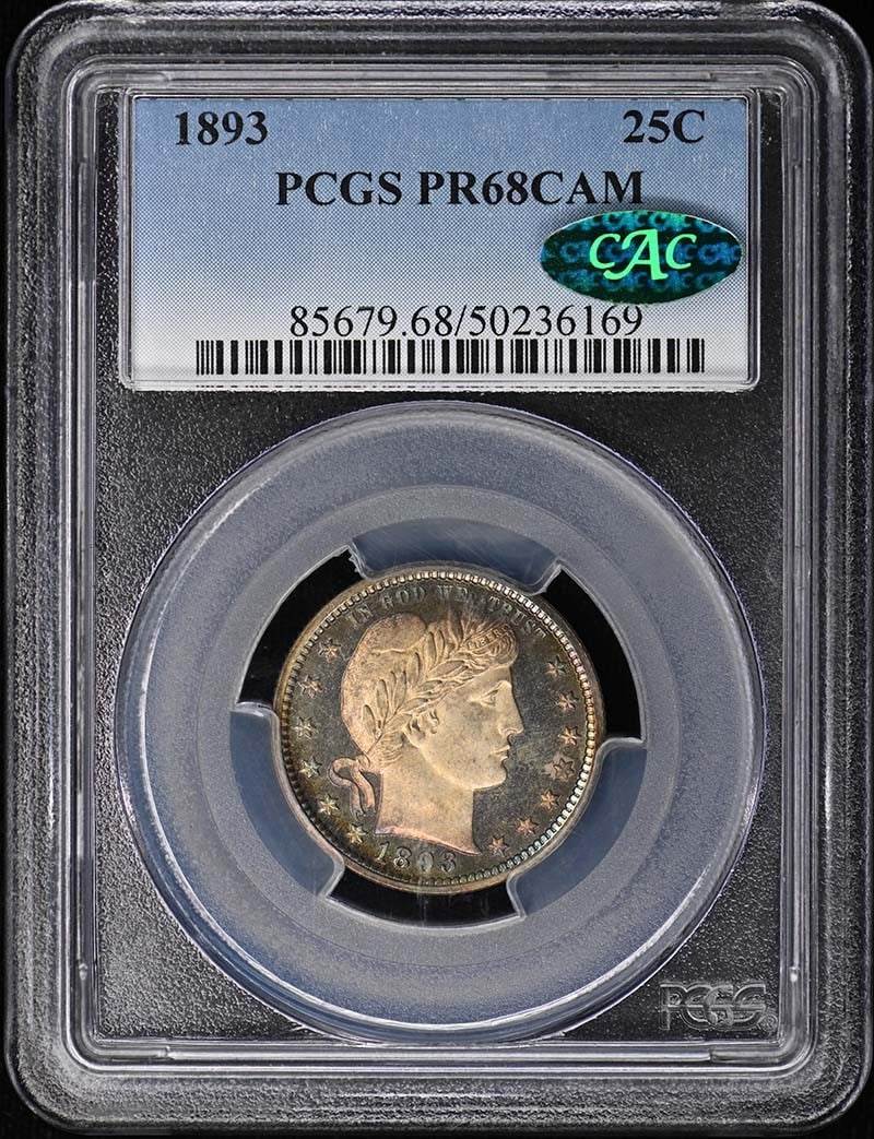 PCGS PR68CAM CAC 1893 Barber Quarter 25C Proof: PCGS PR68CAM CAC 1893 Barber Quarter 25C Proof 1893 Barber Quarter certified by PCGS and graded PR68CAM with CAC approval. This proof issue is an uncirculated pre-owned coin from the United States. Sp
