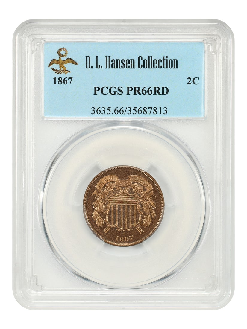 PCGS PR66RD 1867 Two Cent 2C Proof Coin ex D.L. Hansen (1 of 6)