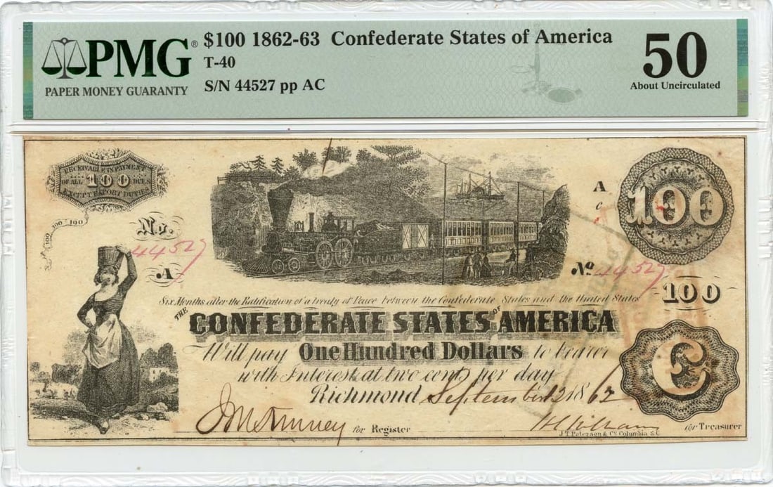 PMG AU50 1862 Confederate States of America 100 Dollar Note T-40: PMG AU50 1862 Confederate States of America 100 Dollar Note T-40 1862 Confederate States of America T-40 $100 note graded PMG AU50. This pre-owned, circulated note is a certified example of Confederat
