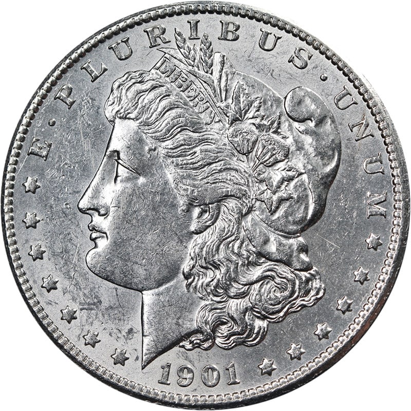 1901-S Morgan Dollar Uncirculated Silver Nice Strike Bright White: 1901-S Morgan Dollar Uncirculated Silver Nice Strike Bright White This 1901-S Morgan Silver Dollar is an uncirculated coin featuring attractive luster, strong strike, and bright white surfaces. It dis