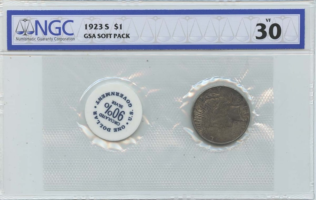 1923-S Peace Silver Dollar Soft Pack NGC VF30 San Francisco Mint: 1923-S Peace Silver Dollar Soft Pack NGC VF30 San Francisco Mint This 1923-S Peace Dollar is certified by NGC with a grade of VF30. Minted in San Francisco, this circulated coin is presented in a GSA 