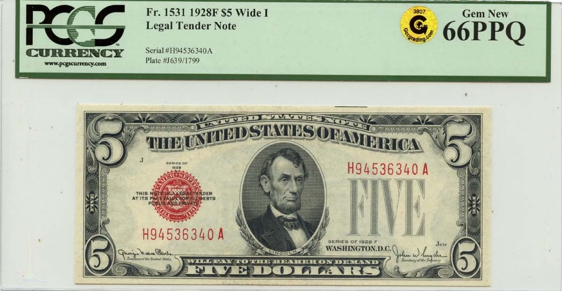 PCGS Gem 66 PPQ 1928F $5 Legal Tender Note Fr 1531 Wide I: PCGS Gem 66 PPQ 1928F $5 Legal Tender Note Fr 1531 Wide I 1928F $5 Legal Tender Note, cataloged as FR#1531 Wide I and graded PCGS Gem 66 PPQ. This uncirculated pre-owned United States note is a certif