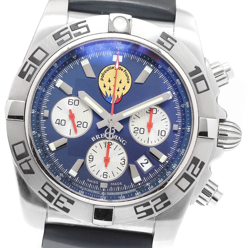 Breitling Chronomat 44 Patrouille de France Mens Watch AB0110 Date: Breitling Chronomat 44 Patrouille de France Mens Watch AB0110 Date Pre-owned Breitling Chronomat 44 Patrouille de France men's wristwatch with automatic movement, navy dial, and stainless steel case. 
