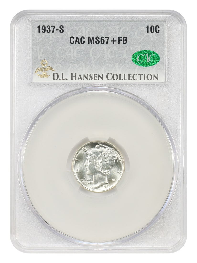Mercury Dime 1937-S 10C CACG MS67+FB ex D.L. Hansen: Mercury Dime 1937-S 10C CACG MS67+FB ex D.L. Hansen 1937-S Mercury Dime certified by CACG as MS67+FB. Only twelve examples have been graded finer, all MS68FB. This uncirculated coin is described as bl