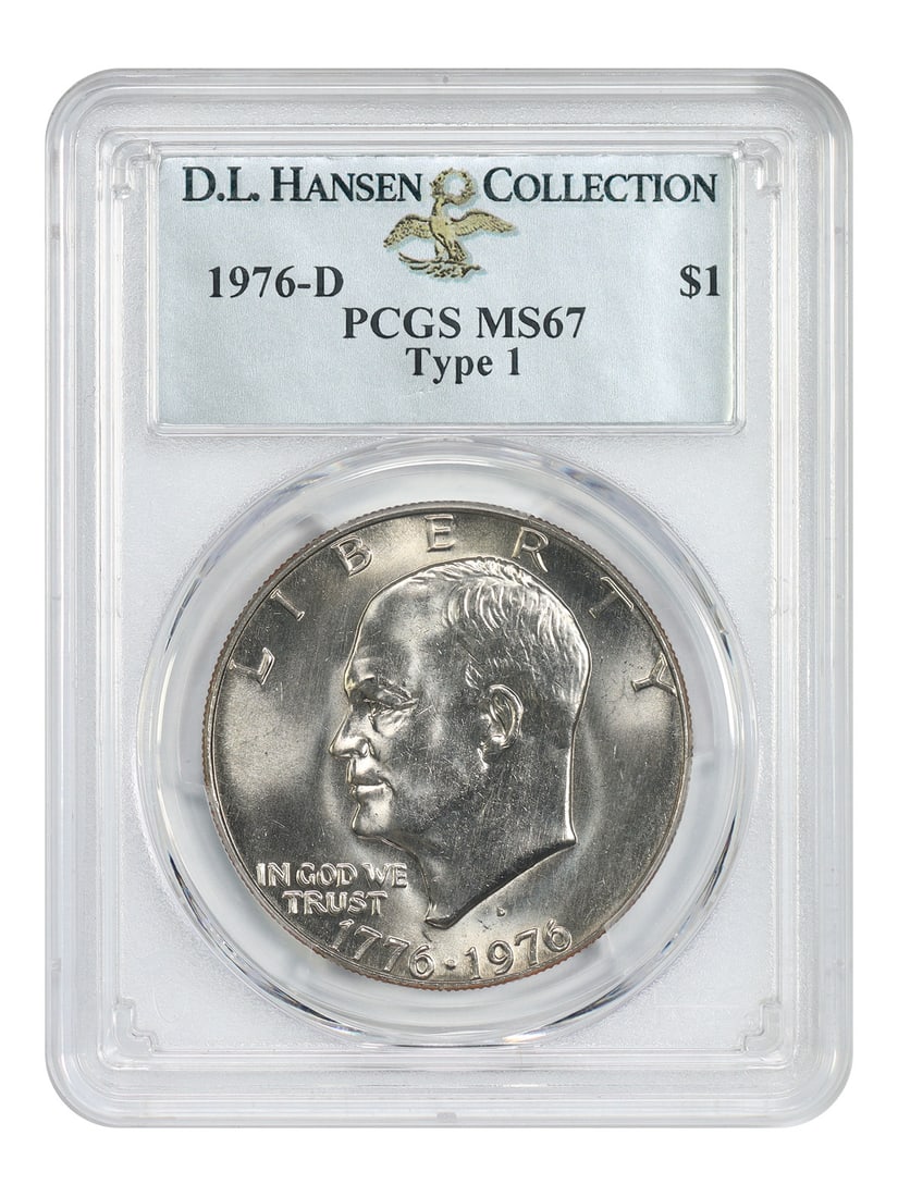 PCGS MS67 1976-D Ike Dollar Type 1 ex D.L. Hansen: PCGS MS67 1976-D Ike Dollar Type 1 ex D.L. Hansen 1976-D Eisenhower dollar certified by PCGS as MS67, Type 1, from the D.L. Hansen collection. This uncirculated coin shows dynamic luster throughout. P