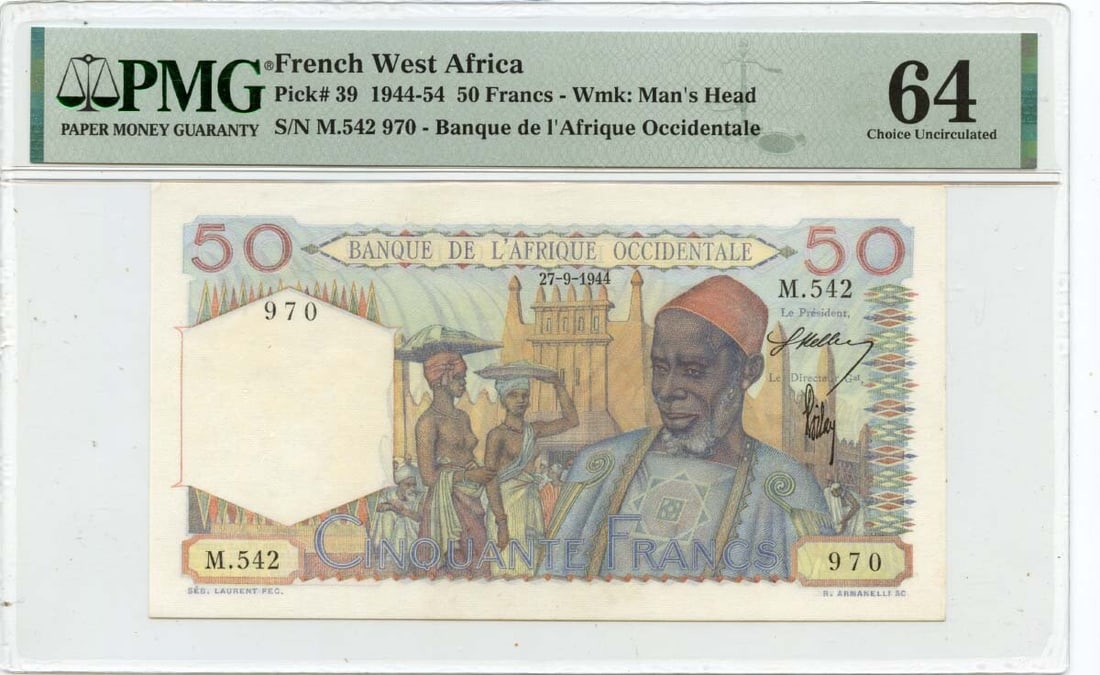 1944-54 50 Francs French West Africa PMG MS64 Certified Note: 1944-54 50 Francs French West Africa PMG MS64 Certified Note This uncirculated 50 Francs banknote from French West Africa, issued between 1944 and 1954, is a remarkable piece for collectors. Certified