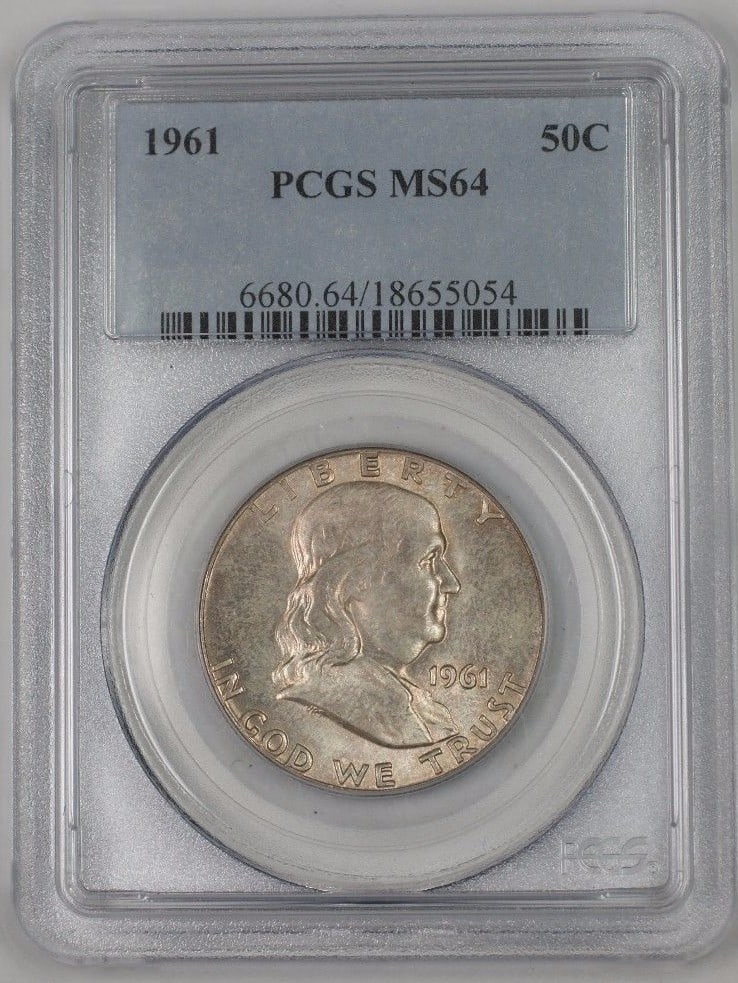 PCGS MS64 1961 Franklin Silver Half Dollar Uncirculated Philadelphia Mint: PCGS MS64 1961 Franklin Silver Half Dollar Uncirculated Philadelphia Mint This 1961 Franklin Silver Half Dollar 50c coin originates from the United States and was minted in Philadelphia. Certified by 