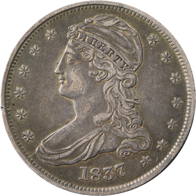 1837 United States Capped Bust Half Dollar Silver XF Coin: 1837 United States Capped Bust Half Dollar Silver XF Coin Original 1837 Capped Bust Half Dollar with great eye appeal, a nice strike, and attractive color and surfaces. This circulated silver coin is 