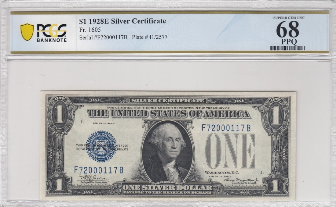 1928E $1 Silver Certificate Blue Seal PCGS Superb 68 PPQ: 1928E $1 Silver Certificate Blue Seal PCGS Superb 68 PPQ This 1928E $1 Silver Certificate features a stunning blue seal and is graded as PCGS Superb 68 PPQ, indicating its exceptional quality. This un