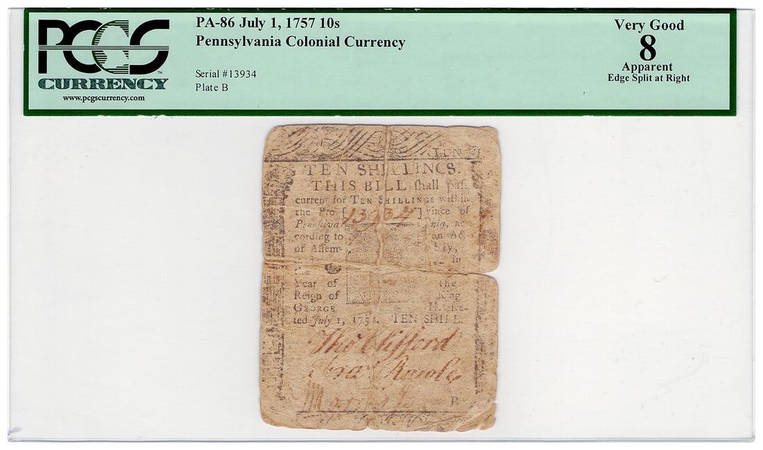 Pennsylvania Colonial 10 Shillings Note July 1 1757 PCGS VG08 FR. PA-86 (1 of 2)