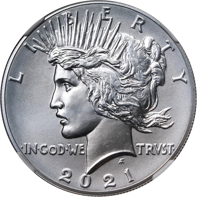 NGC MS70 2021 Peace Silver Dollar High Relief 100th Anniversary: NGC MS70 2021 Peace Silver Dollar High Relief 100th Anniversary Original 2021 Peace Silver Dollar High Relief graded NGC MS70 with the 100th Anniversary Label. This uncirculated silver coin is describ