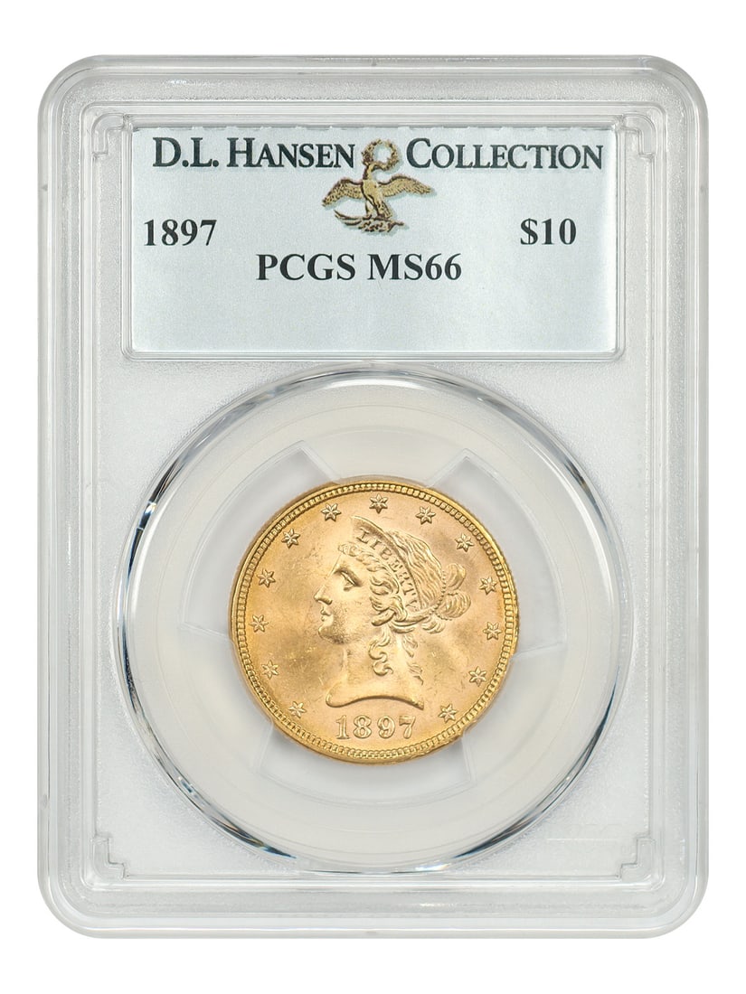 1897 Liberty Head $10 Gold Coin PCGS MS66 ex D.L. Hansen: 1897 Liberty Head $10 Gold Coin PCGS MS66 ex D.L. Hansen 1897 Liberty Head $10 gold coin graded PCGS MS66. From a mintage of just over 1 million coins, this example is tied for the finest known PCGS-g